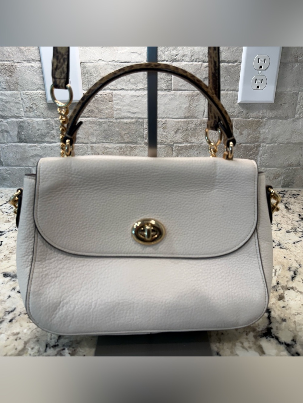 Coach EUC Cream Leather Marlie w/Snakeskin Top-Handle & Suede Interior